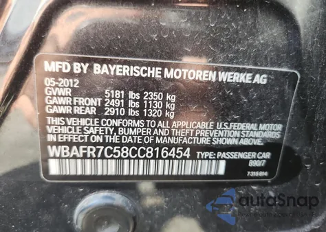 2012 BMW 535 I из США, поврежденный, VIN WBAFR7C58CC816454